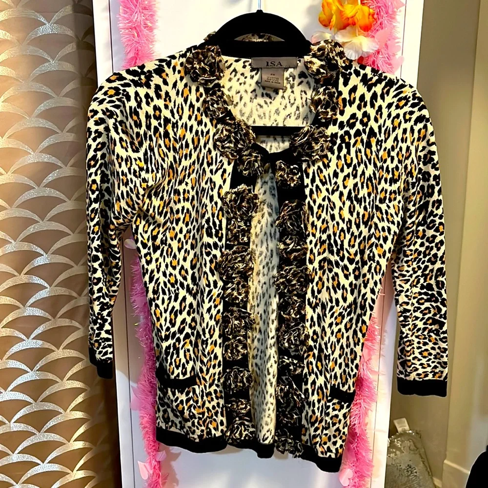 Leopard print cardigan with leopard rosettes ISA brand Size PM - Picture 1 of 7
